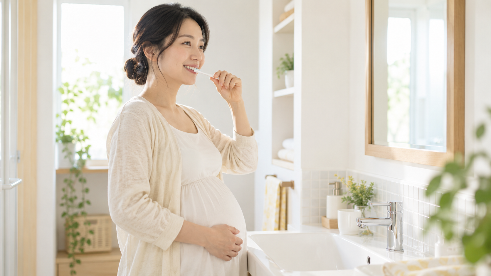 明るい洗面所で無理なく歯みがきをする妊婦の写真