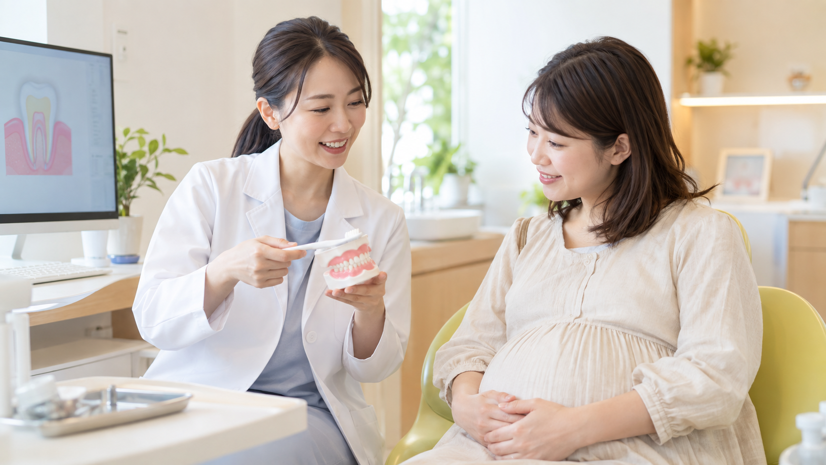 女性歯科医師から妊娠中のお口ケアの説明を受ける妊婦の写真